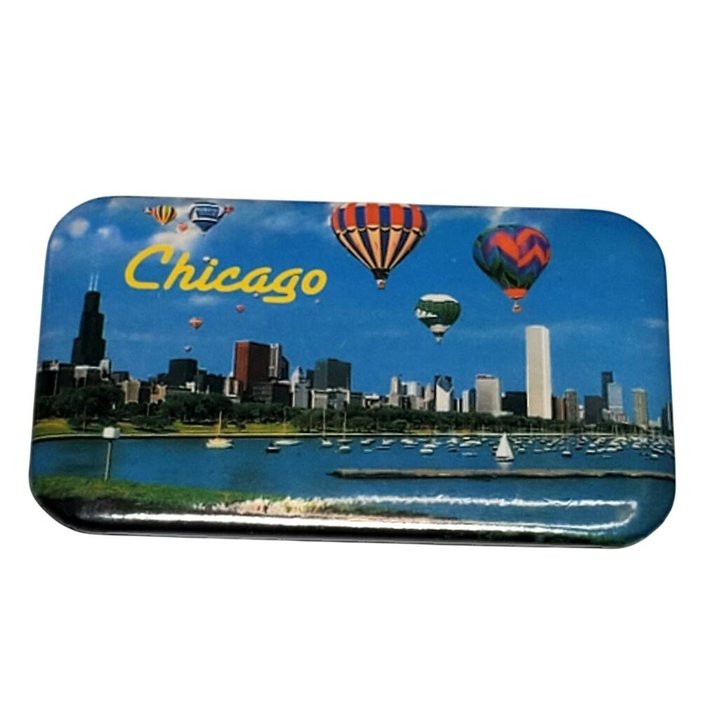Chicago Skyline Rectangle Pinback Button Vtg 2" Hot Air Balloon